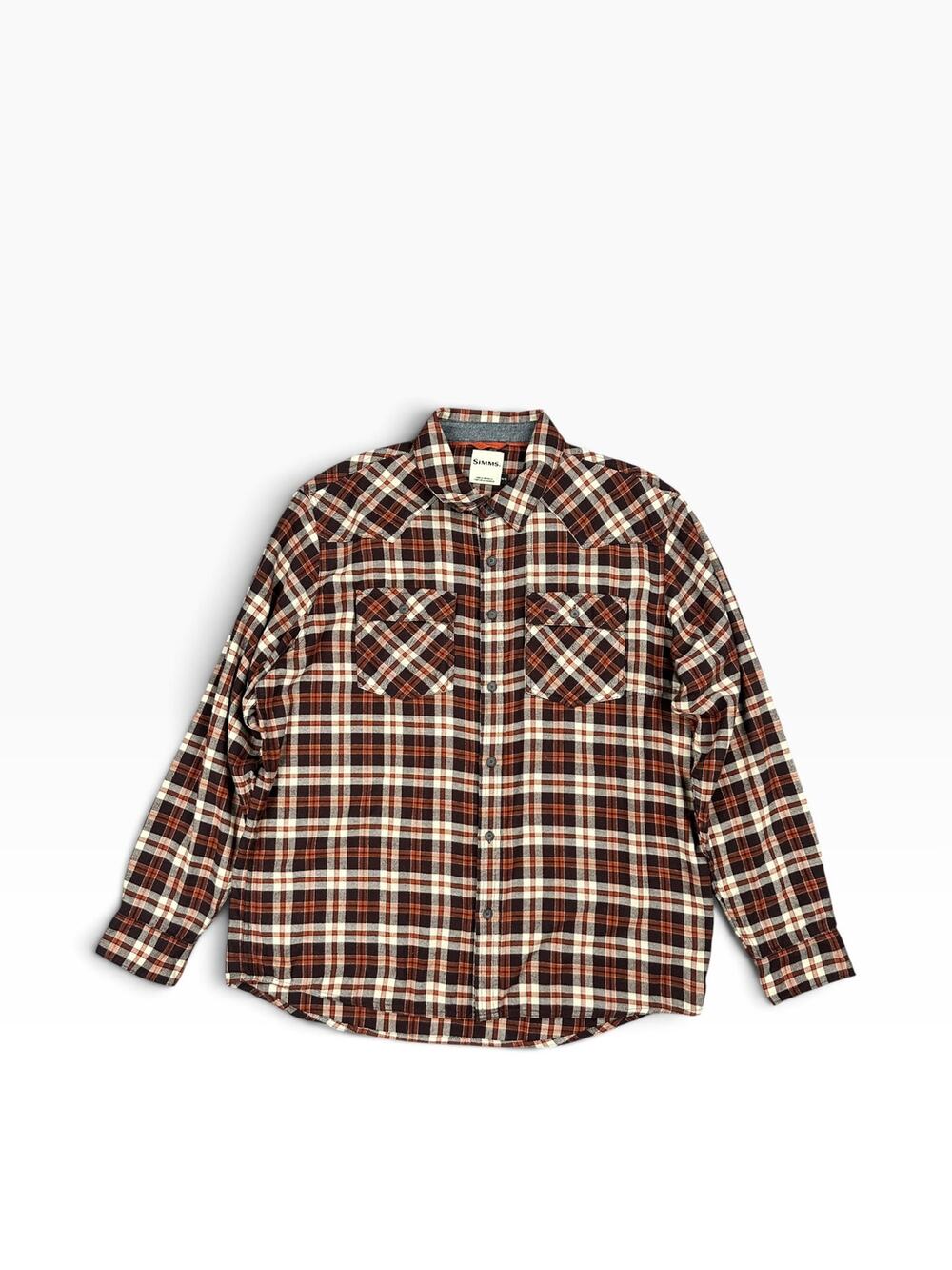 Simms Santee Flannel Camp Plaid Long Sleeve Shirt Mahogany/Tan — Size XL